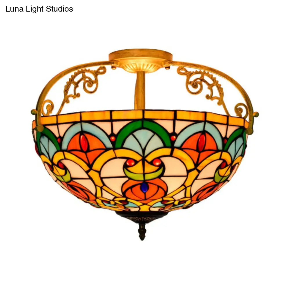 Mediterranean Orange Domed Cut Glass Ceiling Light Fixture With 3 Semi - Flush Lights