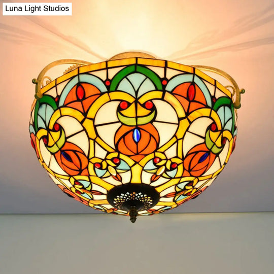 Mediterranean Orange Domed Cut Glass Ceiling Light Fixture With 3 Semi-Flush Lights