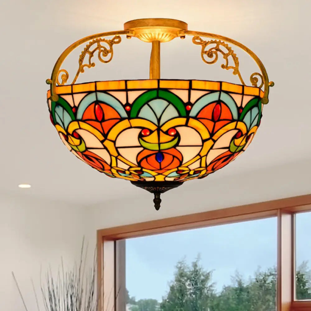 Mediterranean Orange Domed Cut Glass Ceiling Light Fixture With 3 Semi - Flush Lights