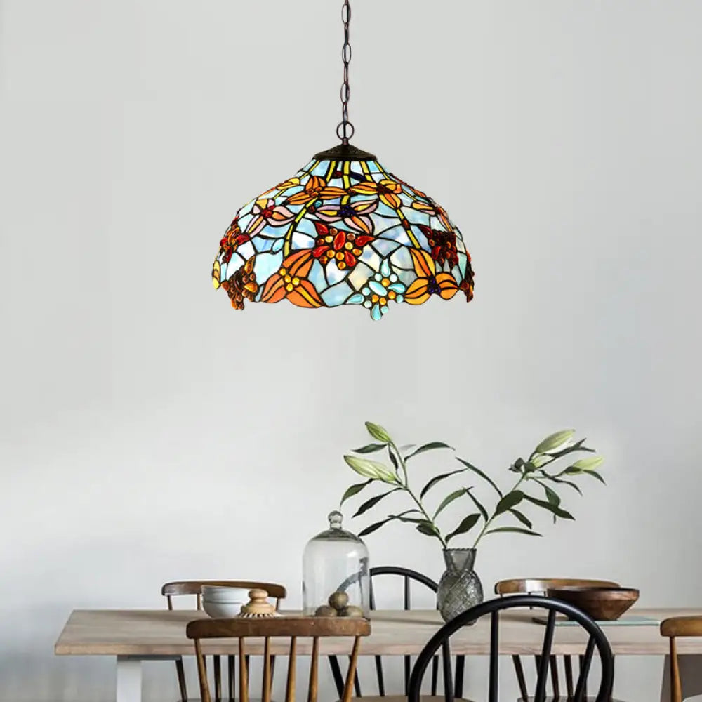 Mediterranean Petal Chandelier With Red/Blue Cut Glass And Bronze Finish - 2 Lights For Kitchen Blue