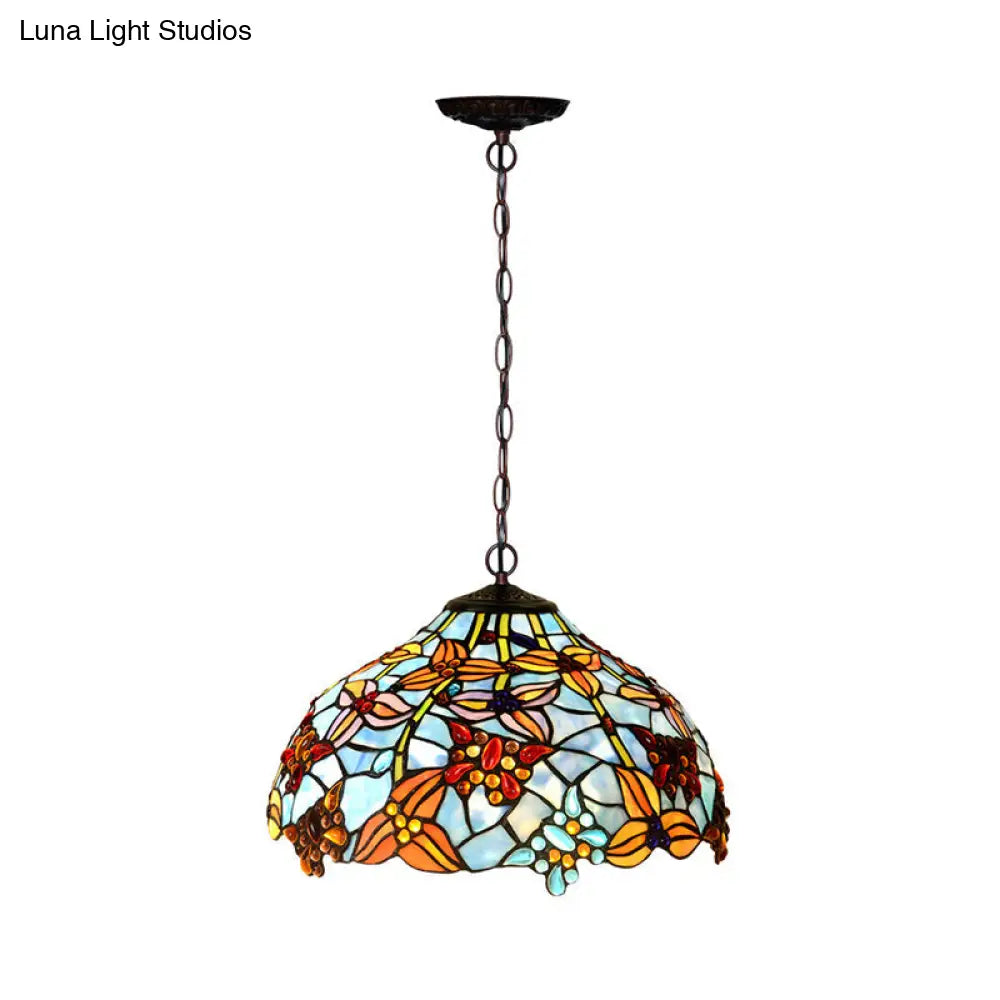 Mediterranean Petal Chandelier With Red/Blue Cut Glass And Bronze Finish - 2 Lights For Kitchen