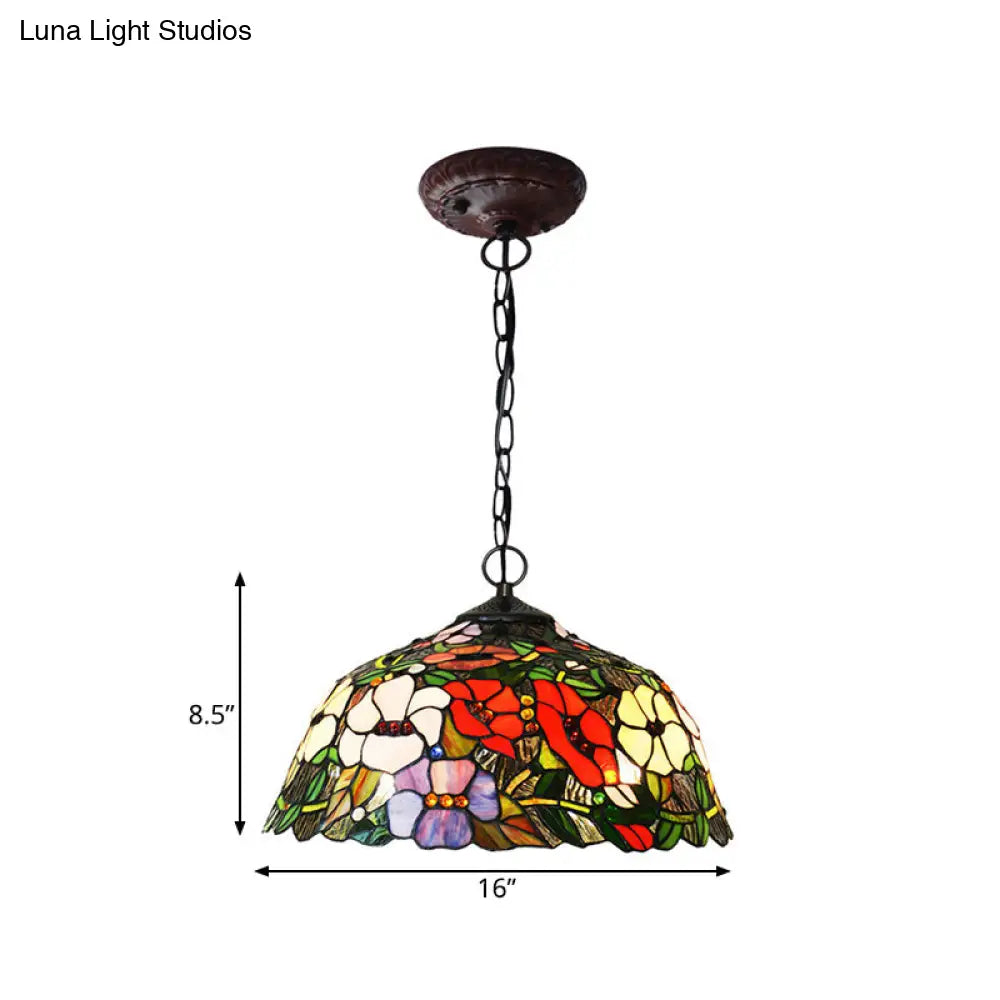 Mediterranean Red/Blue Cut Glass Petal Chandelier Lamp | 2-Light Bronze Pendant Light For Kitchen