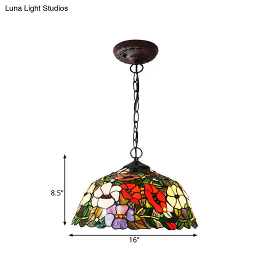 Mediterranean Red/Blue Cut Glass Petal Chandelier Lamp | 2-Light Bronze Pendant Light For Kitchen