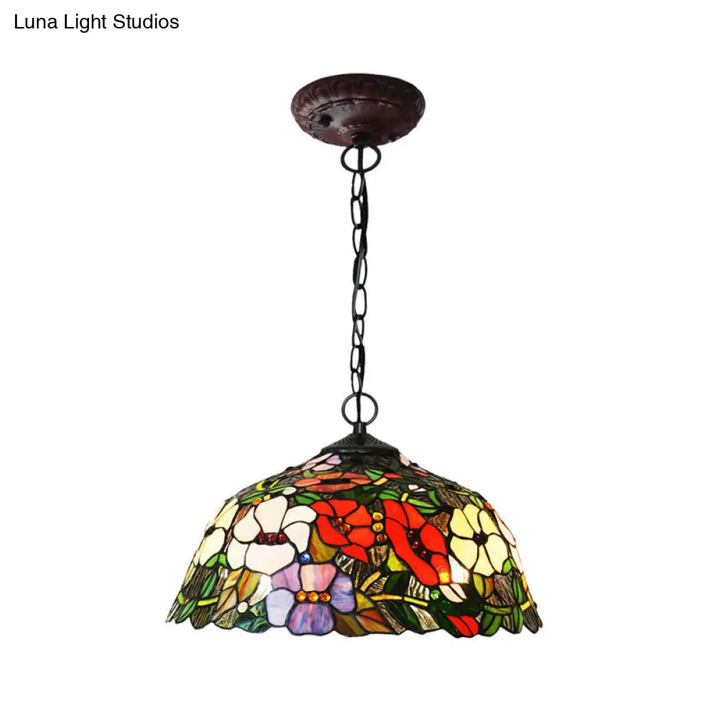 Mediterranean Red/Blue Cut Glass Petal Chandelier Lamp | 2-Light Bronze Pendant Light For Kitchen