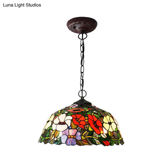 Mediterranean Red/Blue Cut Glass Petal Chandelier Lamp | 2-Light Bronze Pendant Light For Kitchen