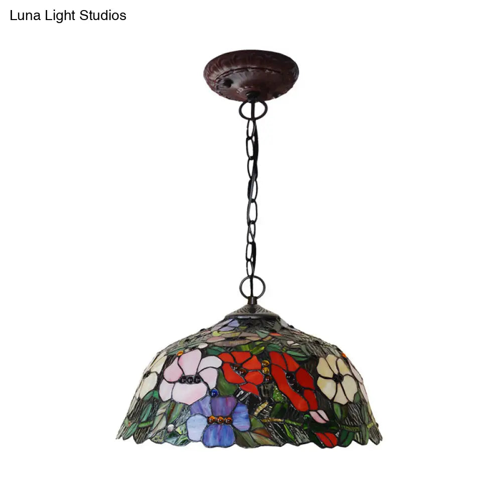 Mediterranean Petal Chandelier With Red/Blue Cut Glass And Bronze Finish - 2 Lights For Kitchen