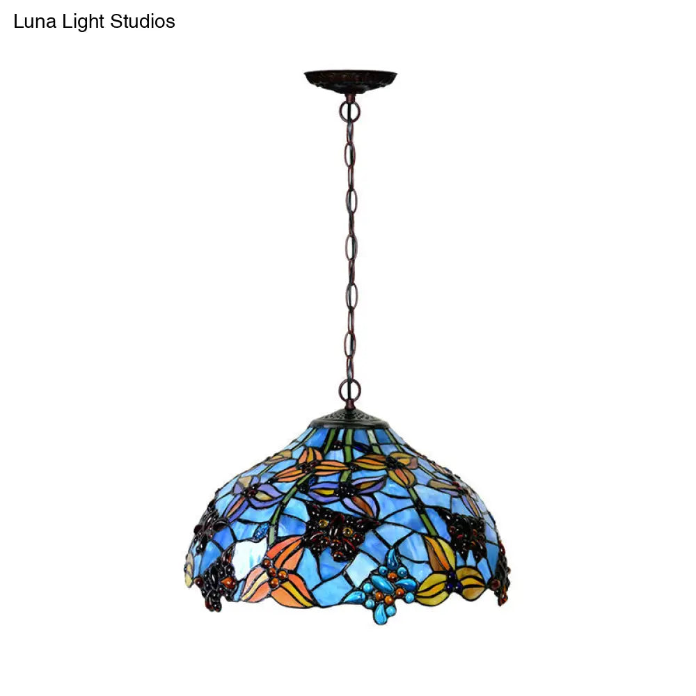 Mediterranean Petal Chandelier With Red/Blue Cut Glass And Bronze Finish - 2 Lights For Kitchen