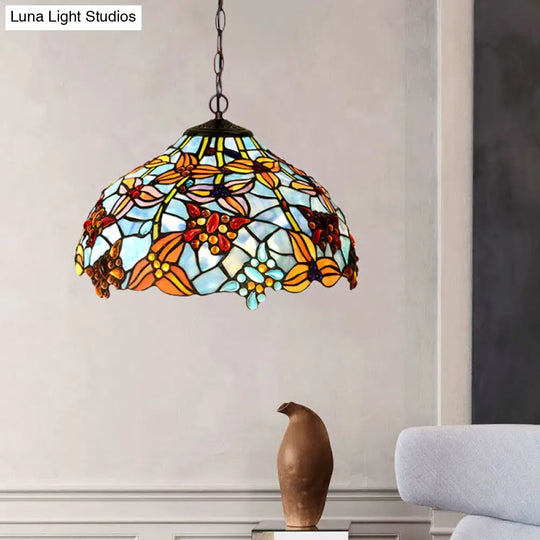 Mediterranean Red/Blue Cut Glass Petal Chandelier Lamp | 2-Light Bronze Pendant Light For Kitchen