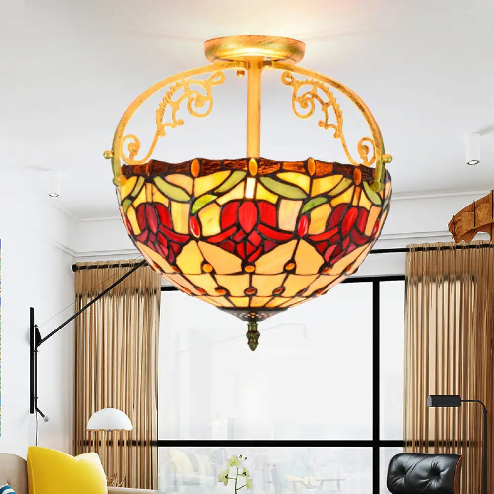 Mediterranean Petal Semi - Mount Ceiling Lamp - Yellow Stained Art Glass 2 Lights