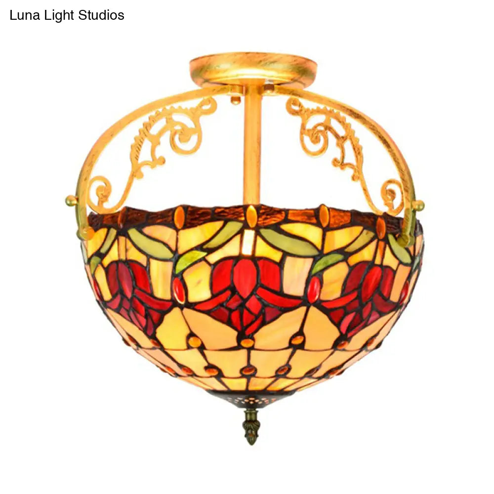 Mediterranean Petal Semi - Mount Ceiling Lamp - Yellow Stained Art Glass 2 Lights