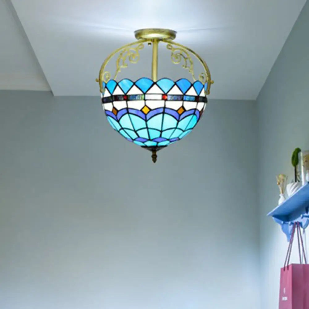 Mediterranean Petal Stained Glass Semi Flush Mount Ceiling Lamp 2 Lights Yellow/Brown/Blue - Ideal