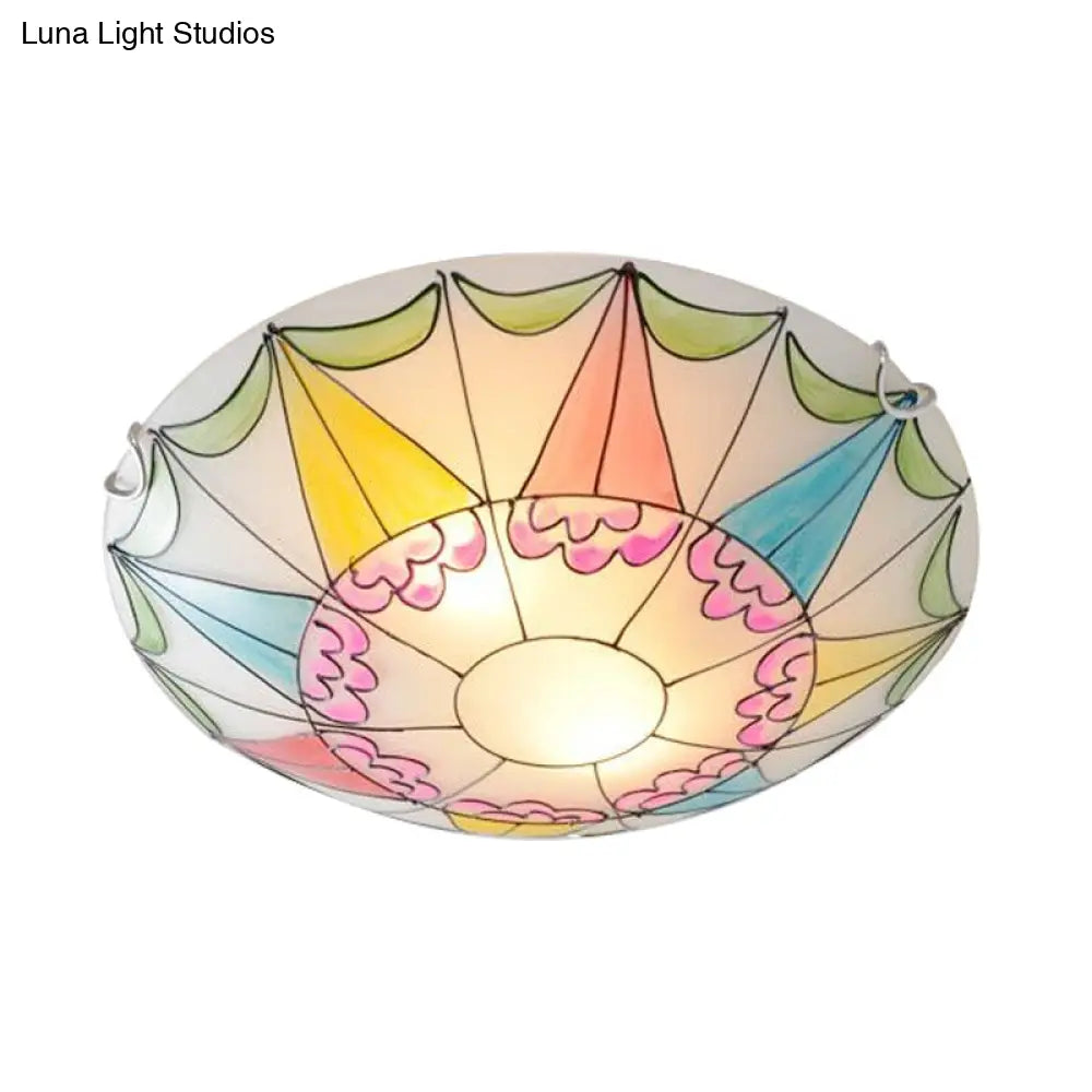 Mediterranean Pink Stained Glass Domed Flush Light Fixture - 3/4 Lights Ceiling Lighting For Bedroom