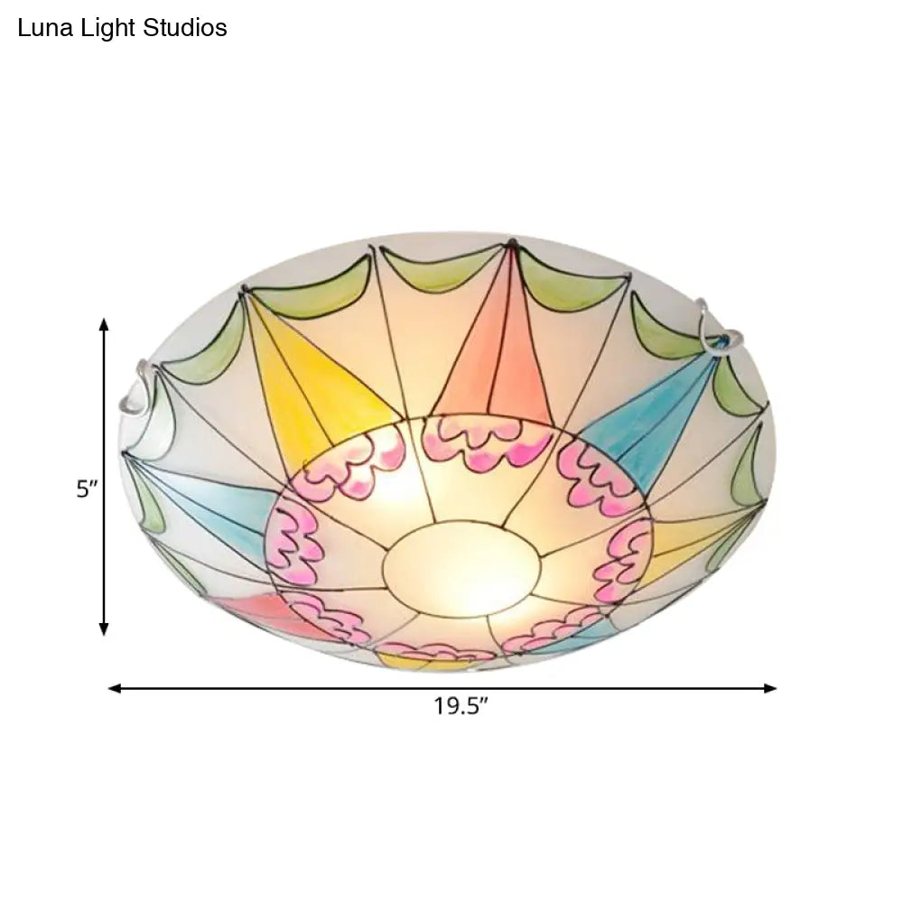 Mediterranean Pink Stained Glass Domed Flush Light Fixture - 3/4 Lights Ceiling Lighting For