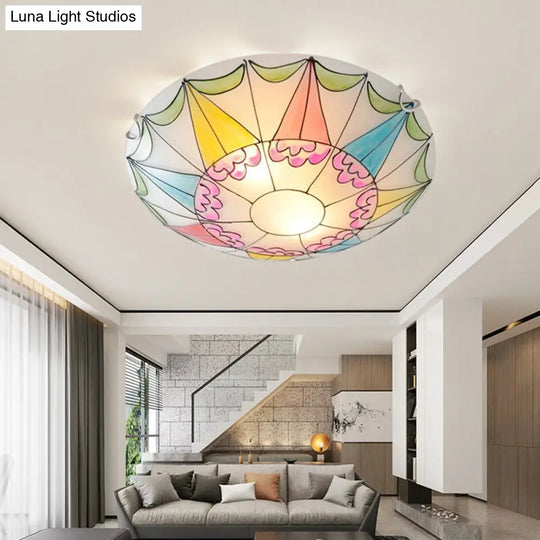 Mediterranean Pink Stained Glass Domed Flush Light Fixture - 3/4 Lights Ceiling Lighting For Bedroom