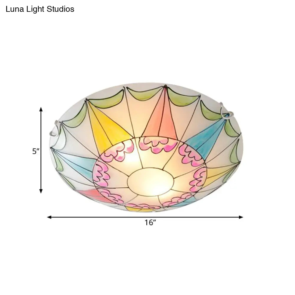 Mediterranean Pink Stained Glass Domed Flush Light Fixture - 3/4 Lights Ceiling Lighting For