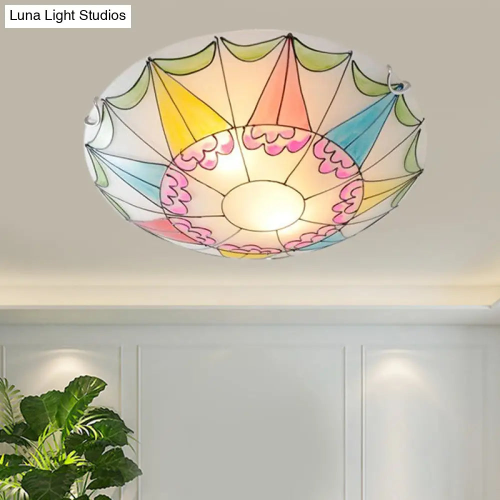 Mediterranean Pink Stained Glass Domed Flush Light Fixture - 3/4 Lights Ceiling Lighting For