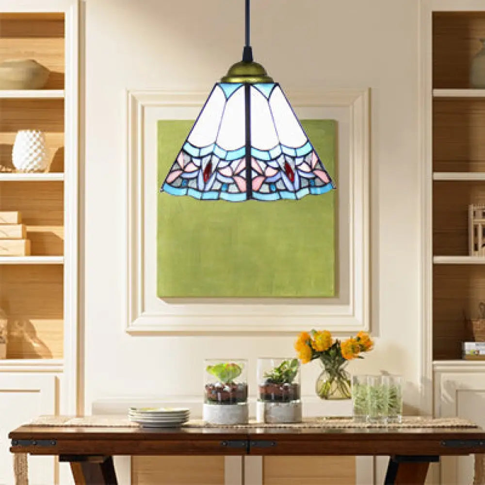 Mediterranean Purplish Blue Stained Glass Pendant Light For Bedroom Ceiling - Wide Flare Shade