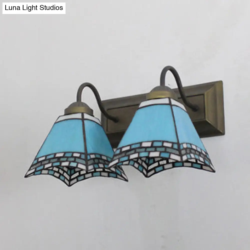 Mediterranean Pyramid Wall Mounted Light - 2 Blue/Sky Blue Glass Sconce Lighting For Bedroom