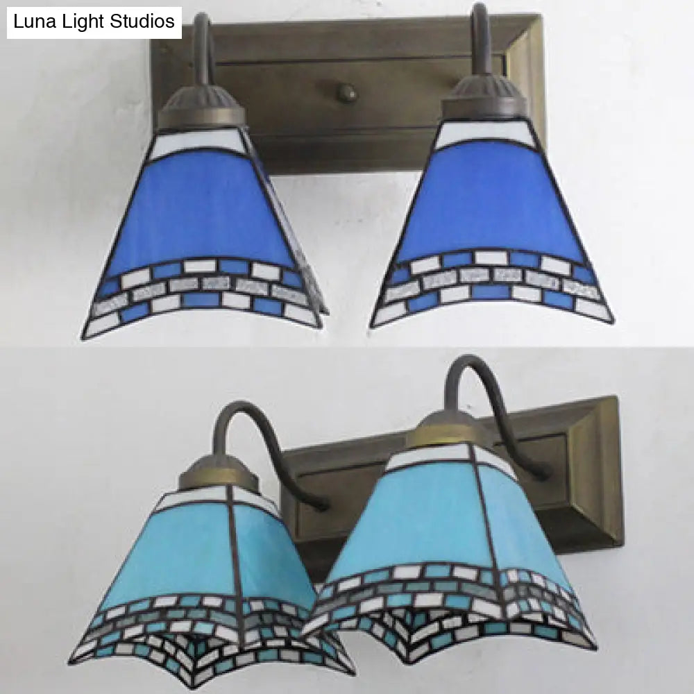 Mediterranean Pyramid Wall Mounted Light - 2 Blue/Sky Blue Glass Sconce Lighting For Bedroom