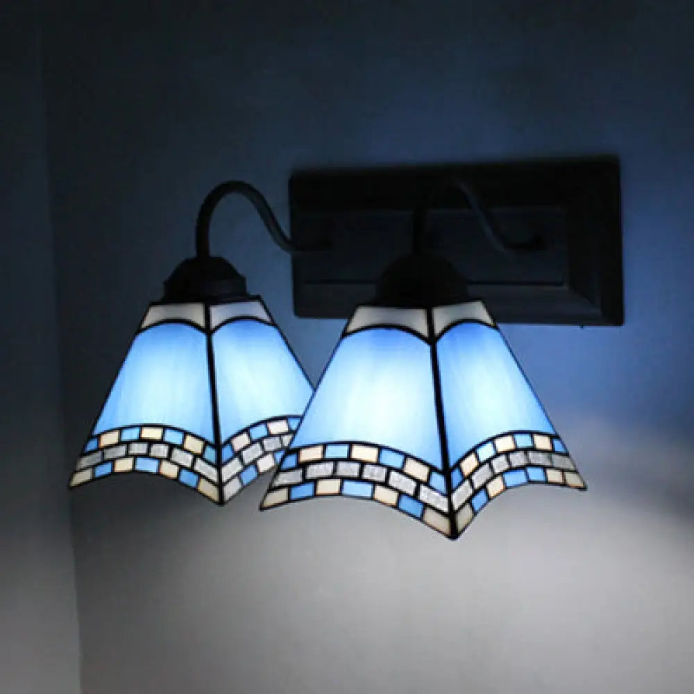 Mediterranean Pyramid Wall Mounted Light - 2 Blue/Sky Blue Glass Sconce Lighting For Bedroom