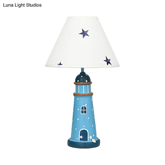 Mediterranean Resin Lighthouse Night Light Blue Table Lamp With Tapered Fabric Shade