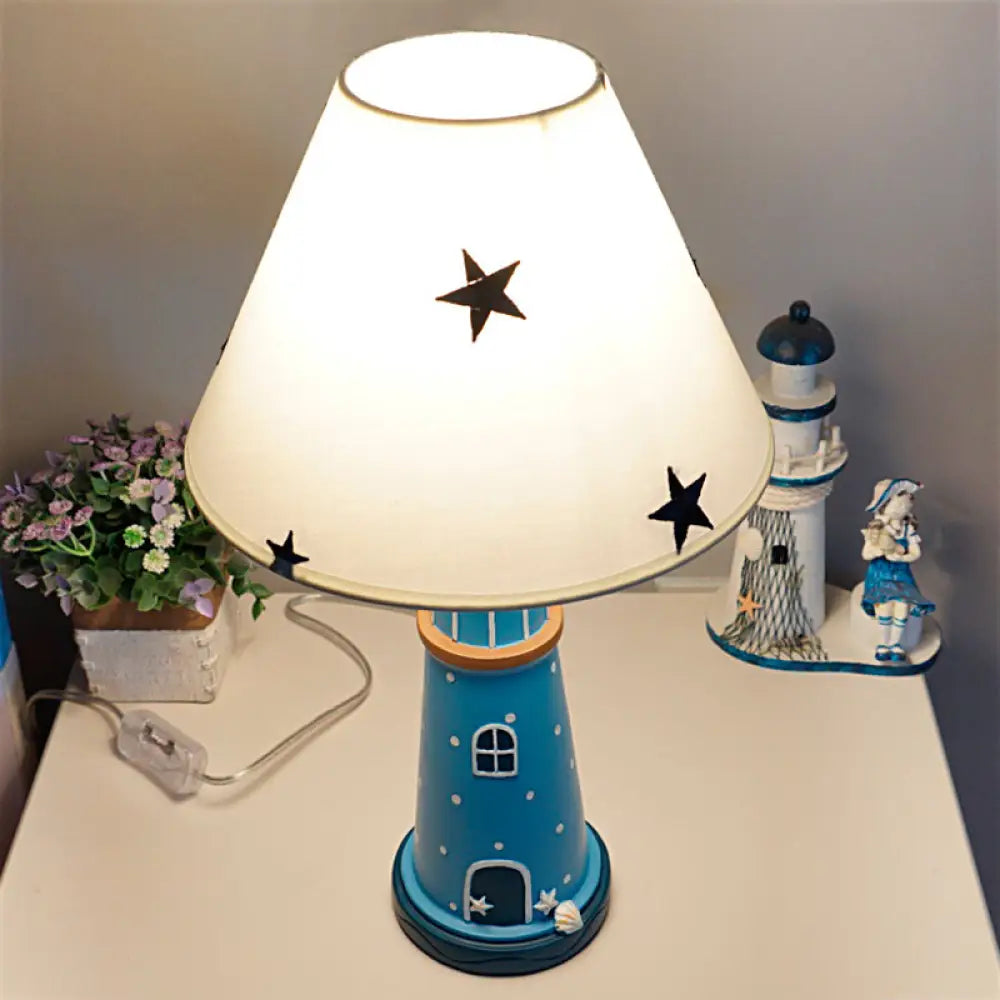 Mediterranean Resin Lighthouse Night Light Blue Table Lamp With Tapered Fabric Shade