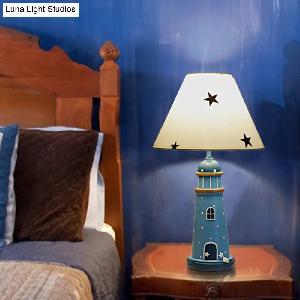 Mediterranean Resin Lighthouse Night Light Blue Table Lamp With Tapered Fabric Shade