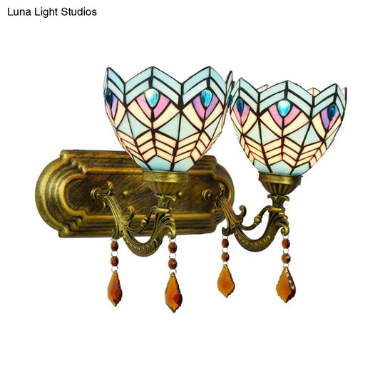 Mediterranean Ridged Bell Stained Glass Wall Sconce - 2-Light Brass Vanity Light Fixture