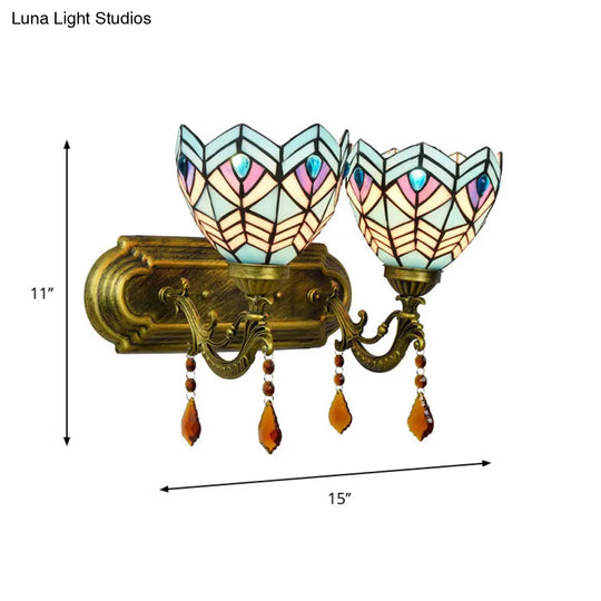 Mediterranean Ridged Bell Stained Glass Wall Sconce - 2-Light Brass Vanity Light Fixture