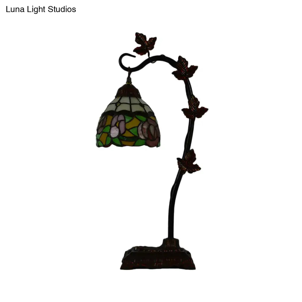 Mediterranean Rose/White Dragonfly Nightstand Lamp With Bridge Arm - Stained Glass Single Head Brown