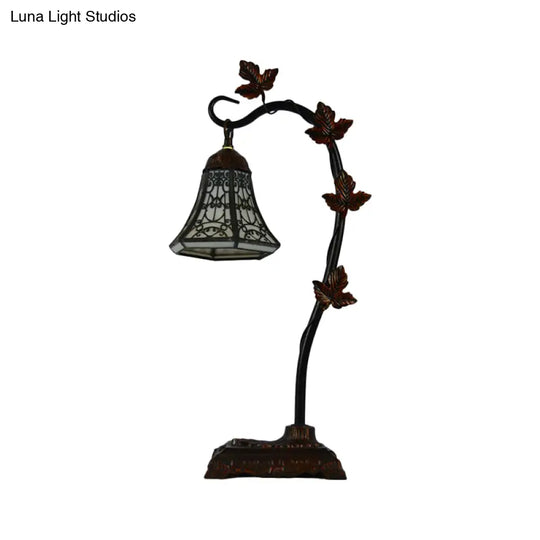 Mediterranean Rose/White Dragonfly Nightstand Lamp With Bridge Arm - Stained Glass Single Head Brown