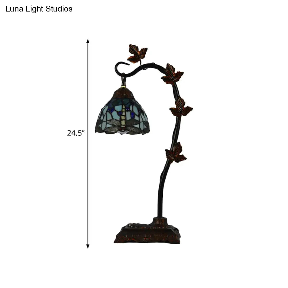 Mediterranean Rose/White Dragonfly Nightstand Lamp With Bridge Arm - Stained Glass Single Head Brown