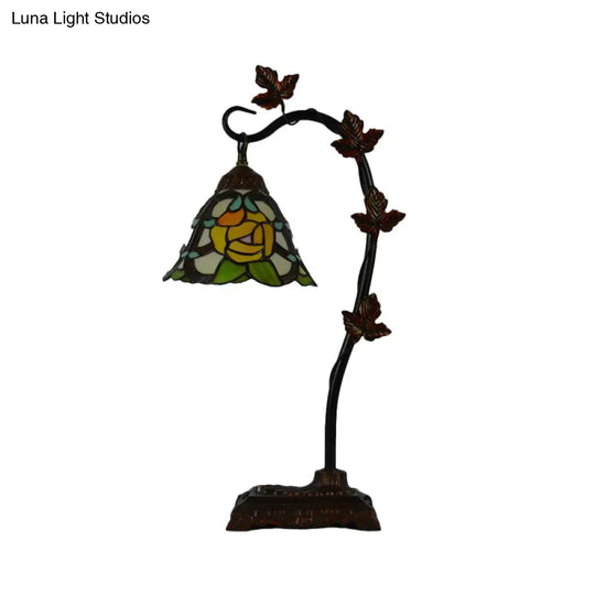 Mediterranean Rose/White Dragonfly Nightstand Lamp With Bridge Arm - Stained Glass Single Head Brown