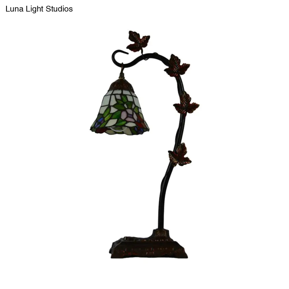 Mediterranean Rose/White Dragonfly Nightstand Lamp With Bridge Arm - Stained Glass Single Head Brown