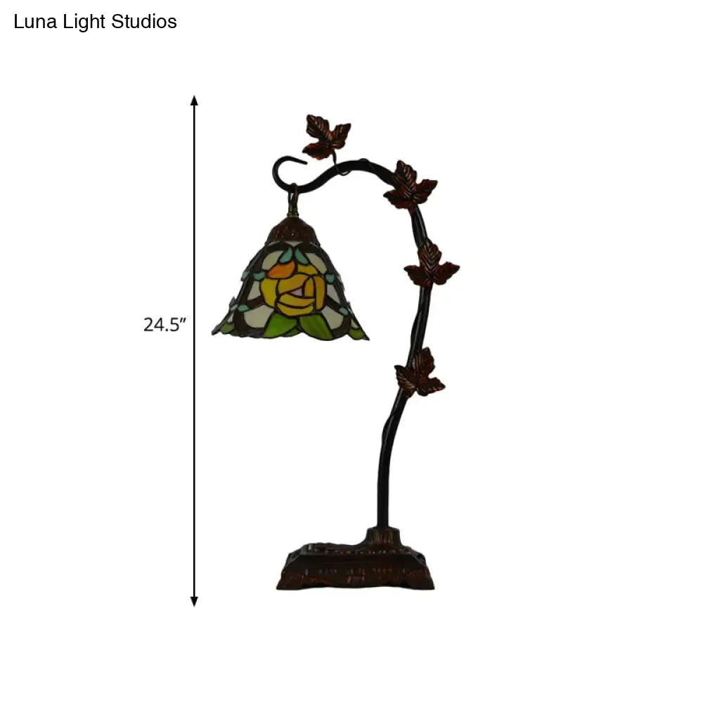 Mediterranean Rose/White Dragonfly Nightstand Lamp With Bridge Arm - Stained Glass Single Head Brown