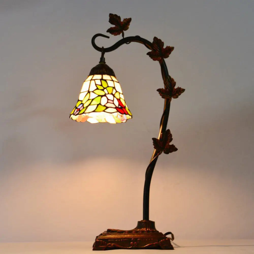 Mediterranean Rose/White Dragonfly Nightstand Lamp With Bridge Arm - Stained Glass Single Head Brown