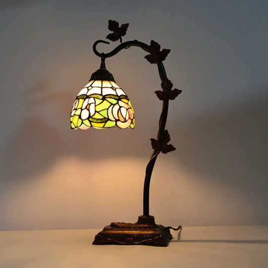 Mediterranean Rose/White Dragonfly Nightstand Lamp With Bridge Arm - Stained Glass Single Head Brown