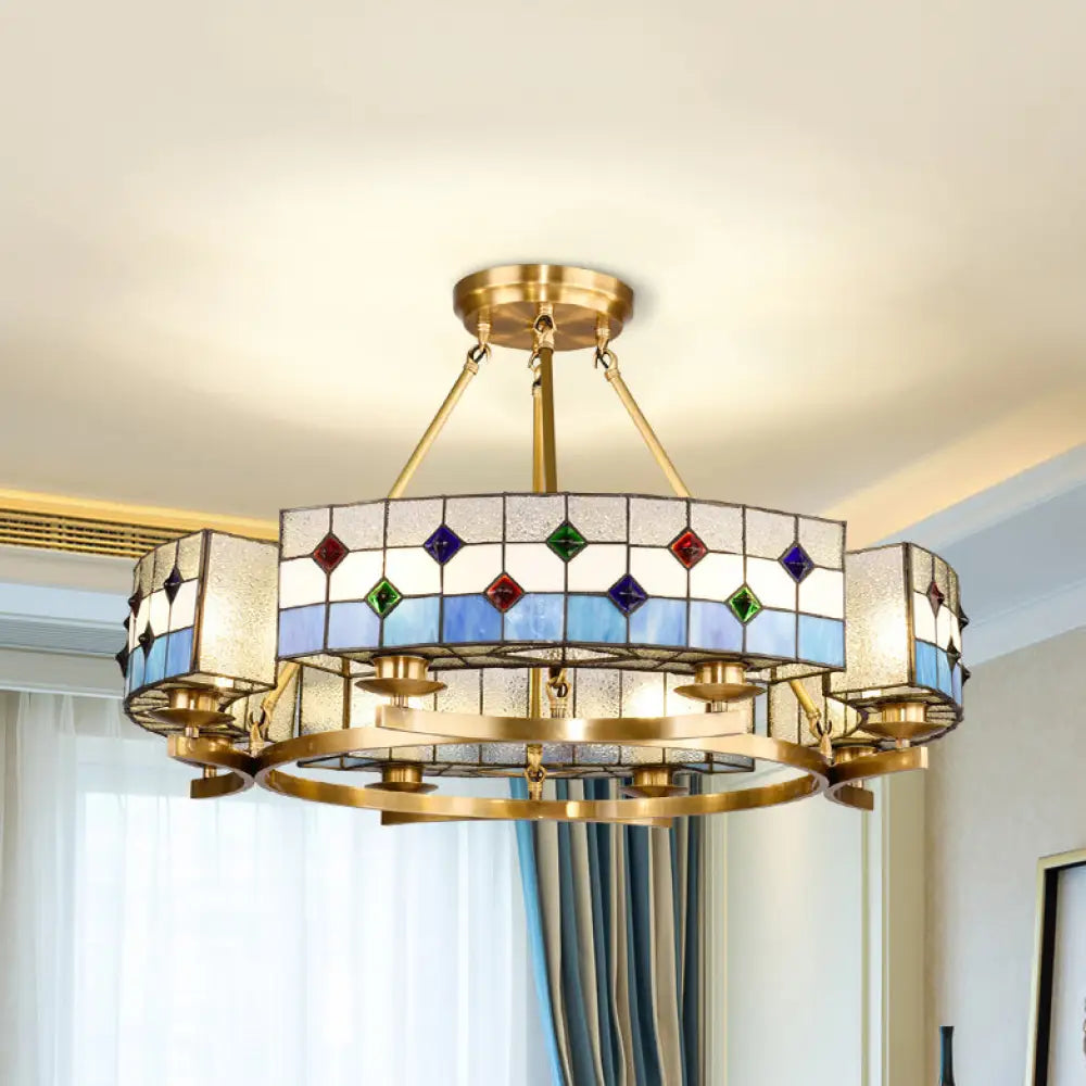 Mediterranean Round Blue Glass Shade Chandelier With 8 Lights - Indoor Brass Lighting