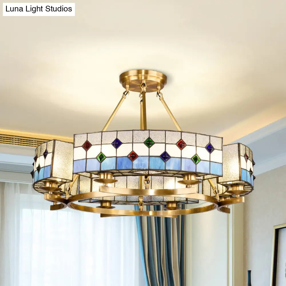 Blue Glass Shade Mediterranean Chandelier - 8-Light Indoor Lighting In Brass