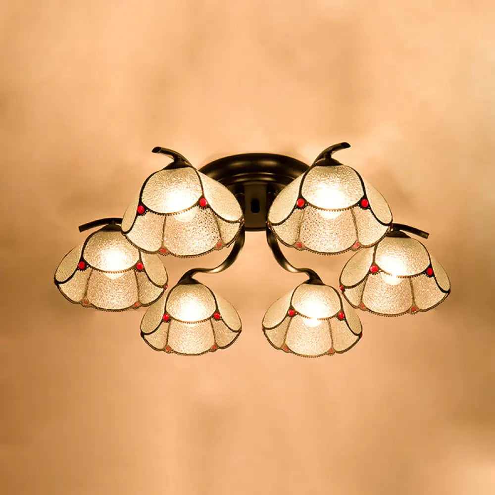 Mediterranean Scalloped Stained Glass Ceiling Fixture With Flush Mount Design - Choose From 3 6 Or