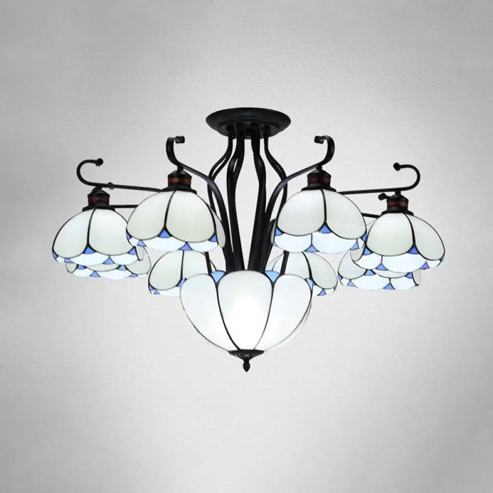 Mediterranean Scalloped Stained Glass Ceiling Lamp - 9 Heads Gray/White/Yellow Light Semi Flush