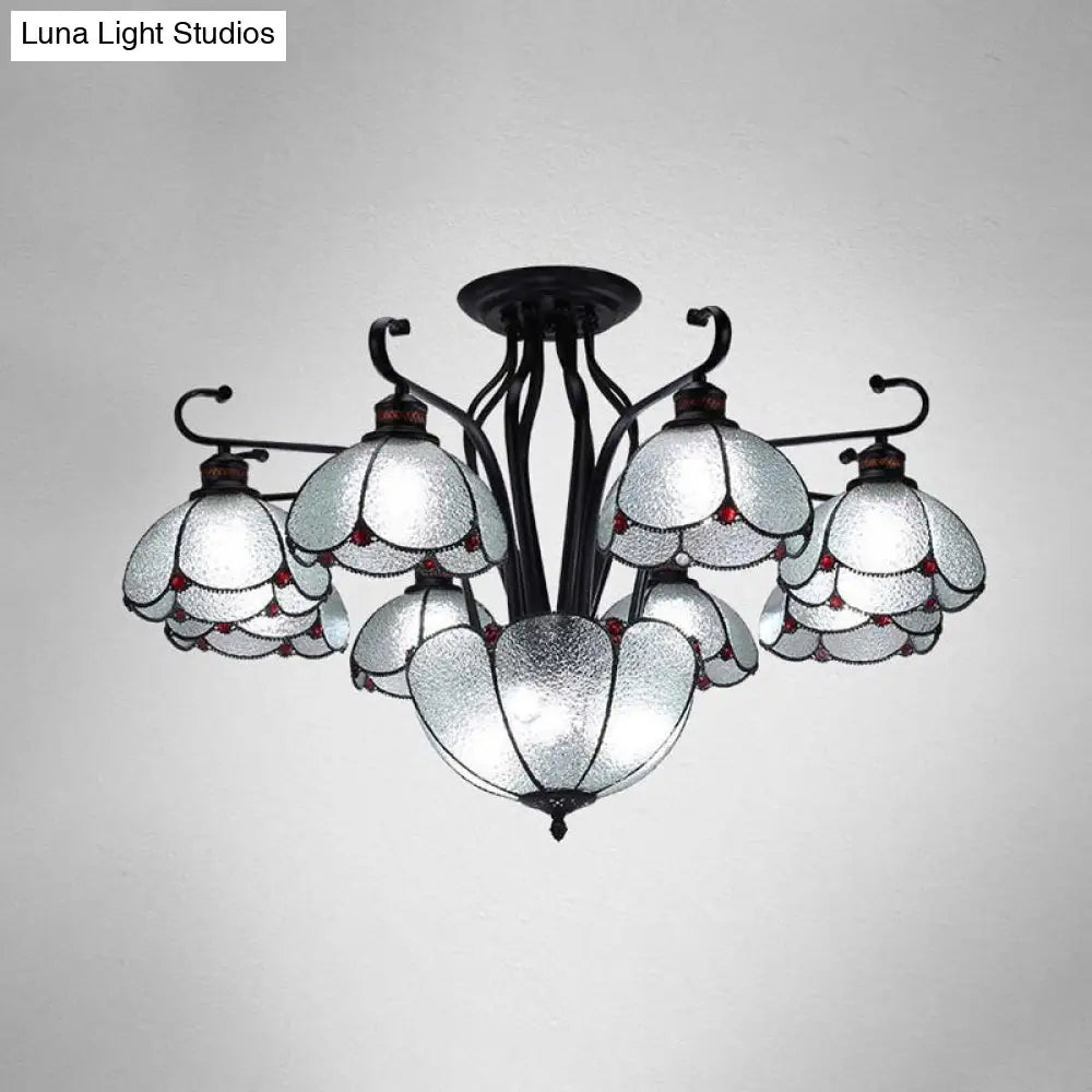 Mediterranean Stained Glass Scalloped Ceiling Lamp - 9 Heads Gray/White/Yellow Light Semi Flush