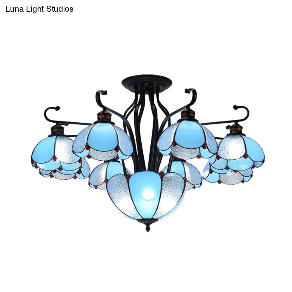 Mediterranean Stained Glass Scalloped Ceiling Lamp - 9 Heads Gray/White/Yellow Light Semi Flush