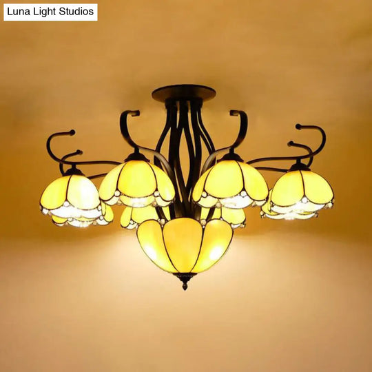 Mediterranean Stained Glass Scalloped Ceiling Lamp - 9 Heads Gray/White/Yellow Light Semi Flush