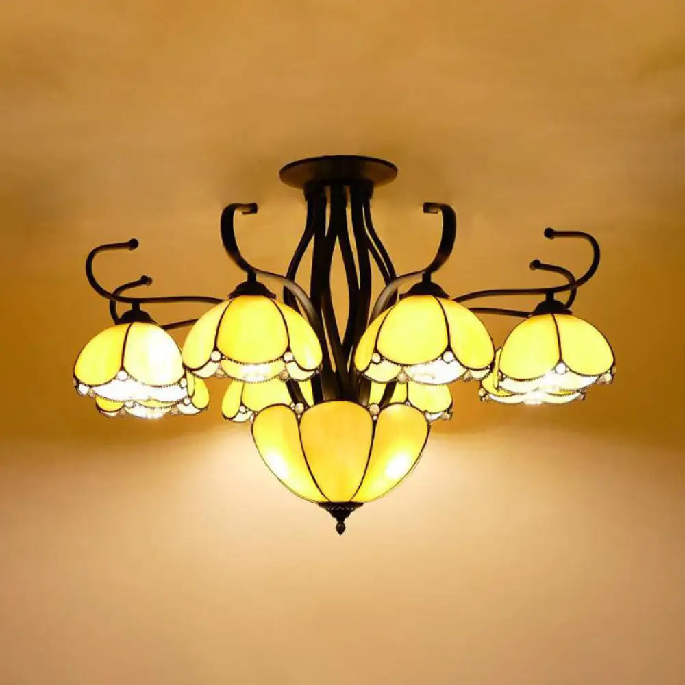 Mediterranean Scalloped Stained Glass Ceiling Lamp - 9 Heads Gray/White/Yellow Light Semi Flush