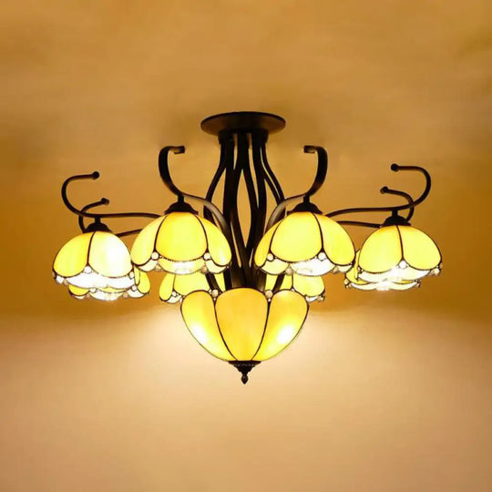 Mediterranean Scalloped Stained Glass Ceiling Lamp - 9 Heads Gray/White/Yellow Light Semi Flush