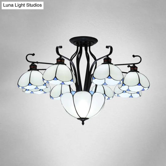 Mediterranean Stained Glass Scalloped Ceiling Lamp - 9 Heads Gray/White/Yellow Light Semi Flush