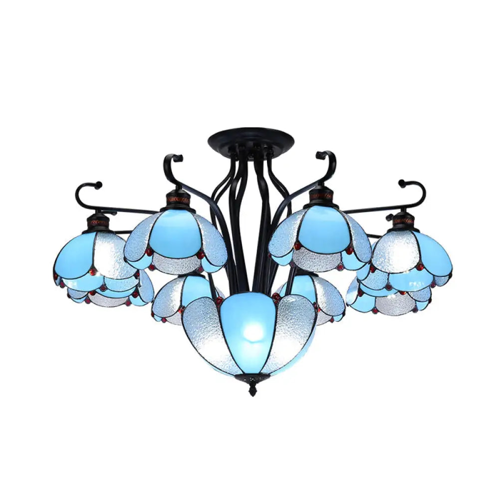 Mediterranean Scalloped Stained Glass Ceiling Lamp - 9 Heads Gray/White/Yellow Light Semi Flush