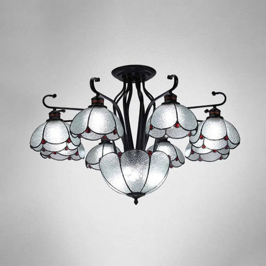 Mediterranean Scalloped Stained Glass Ceiling Lamp - 9 Heads Gray/White/Yellow Light Semi Flush