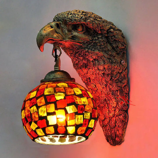 Mediterranean Sconce - Wall Mount Owl Head 1 Light Cut Glass Silver/Beige/Red For Balcony Lighting